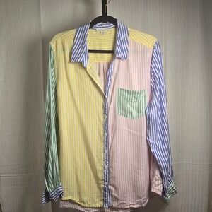 beachlunchlounge Womens XL Multicolor Pinstripe Cotton 80s Style Button Down Top